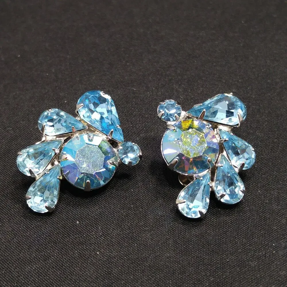 Vintage Weiss Blue AB Rhinestone Clip Earrings Rhodium Plated